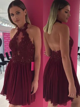 

Wine Red Halter Neck Lace Appliques Beads Chiffon Short Cocktail Party Gown A-line Homecoming Dresses