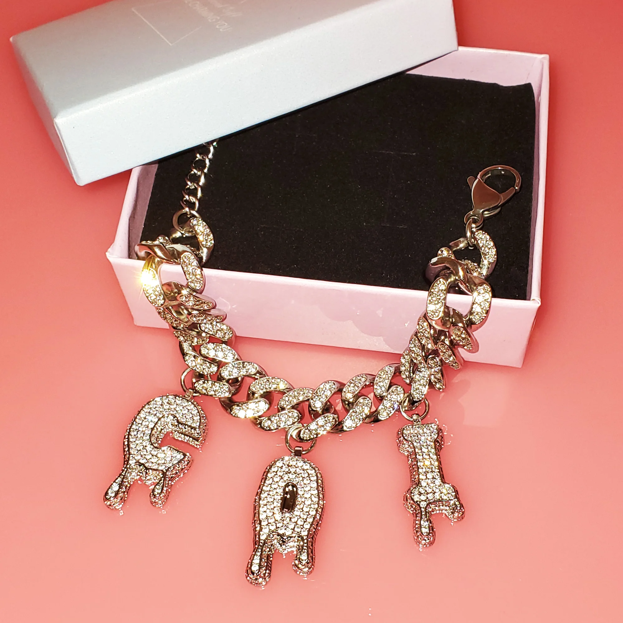 Grandbling Unique Drip Letters Custom Name Bracelet 12MM Cuban Chain Hang Letters Personalized Anklet  Hip Hop Jewelry