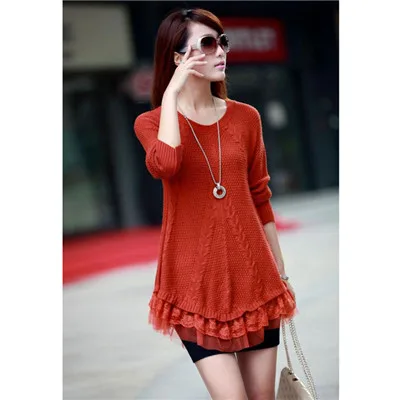 orange red Women's Spring Autumn Knitting Pullovers Sweaters Female Lace Hem O-neck Sweaters - Цвет: orange red