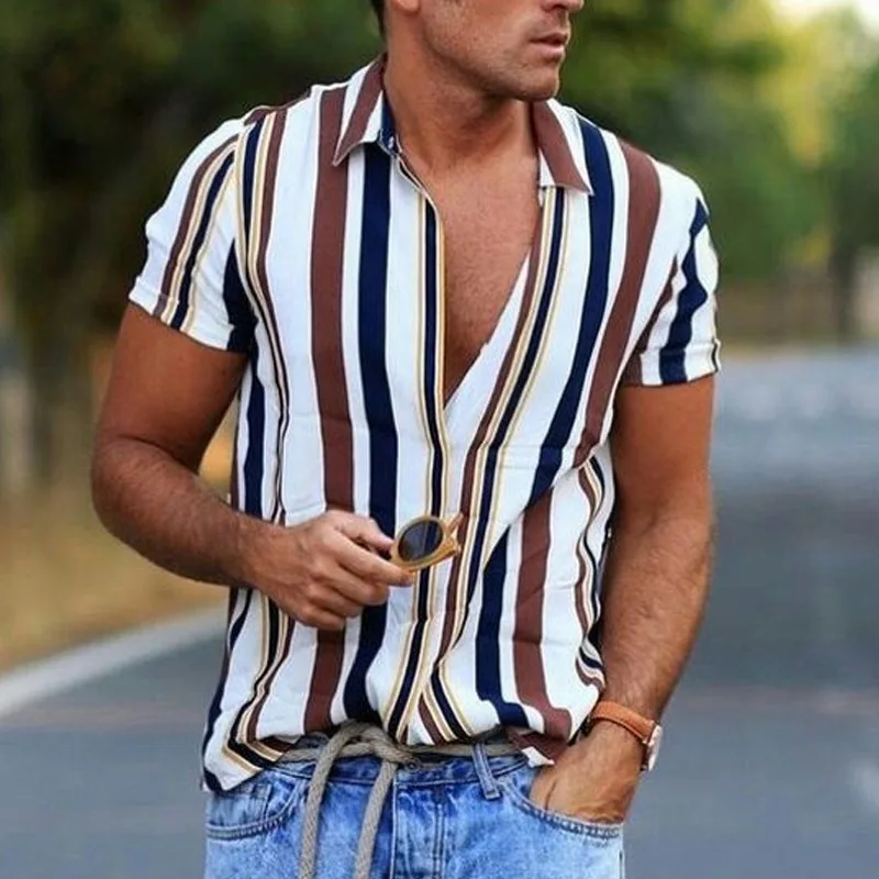 Mejor vendedor  Camiseta a rayas para hombre, camisa informal de manga corta, novedad de verano, 2020 7WJoR3N1GWW