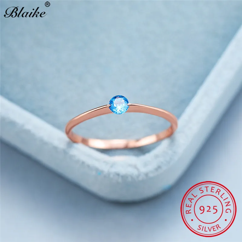 Минималистичное кольцо из стерлингового серебра s925 пробы с камнем, голубой, красный, черный циркон, тонкие кольца для женщин, обручальные кольца, кольцо из розового золота, ювелирные изделия - Цвет камня: Rose Gold Lake Blue