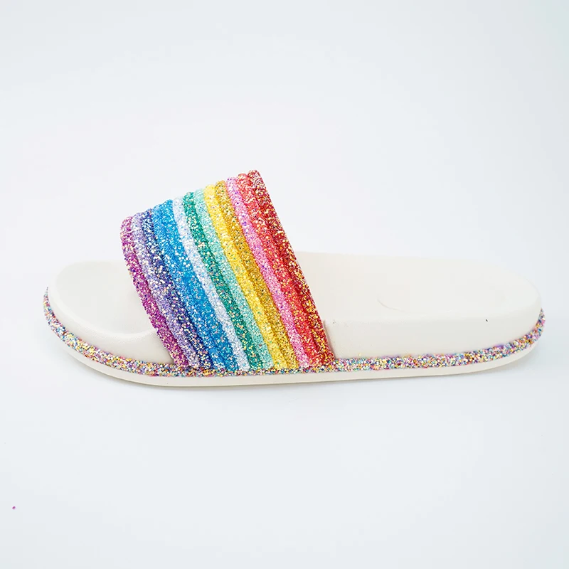 Rainbow Bling Slippers for Girls Summer Non-slip Soft Beach Ladies Slides Flats Shoes Home Women Slipper Outdoor Footwear Sandal