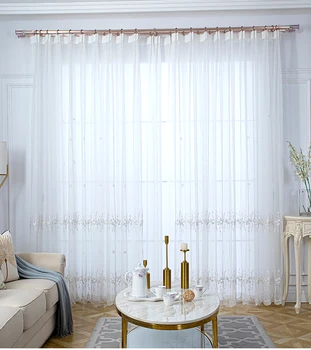 

White Korean Embroidered Tulle Curtains for Living Room Blue Sheer Curtains For Bedroom Window Drapes Y