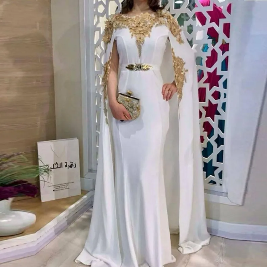 Cape Style Prom Dresses Gold Appliques 