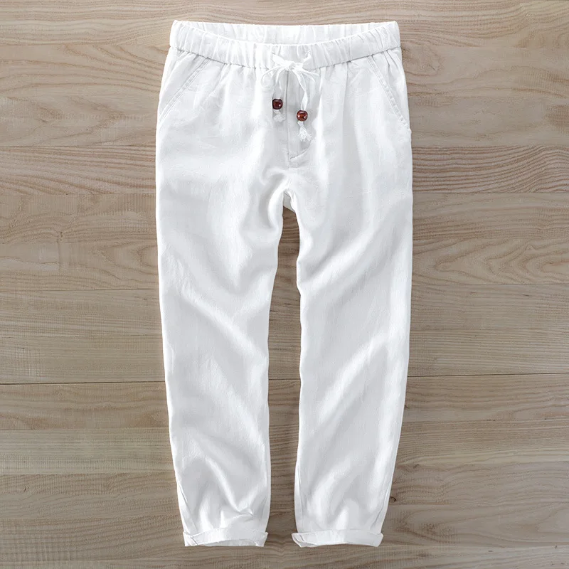 

Men Flax Capri Pants Loose-Fit with Drawstring Linen Solid Color Casual Men's Trousers