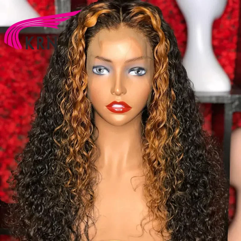 КРН Омбре коричневый с медовым блондином выделяет 13*6 глубокая часть фронта шнурка человеческих волос парики Кудрявые перуанские волосы Remy парик шнурка