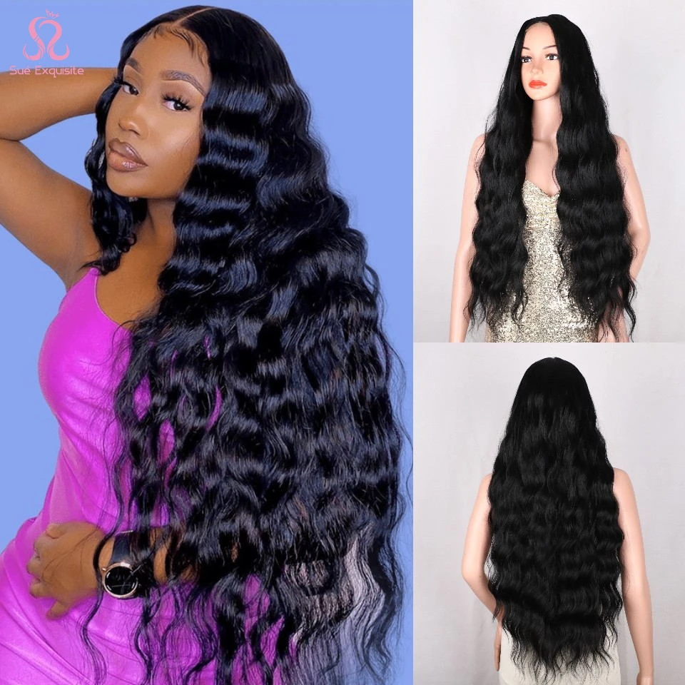 Synthetic Wigs Curly-Hair Water-Wave Heat-Resistant Middle-Part Black Super-Long Women
