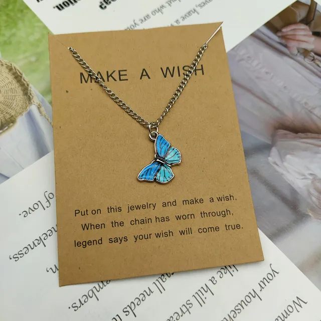 Korean Blue Gradient Butterfly Necklace for Women Girls Silver Color ...