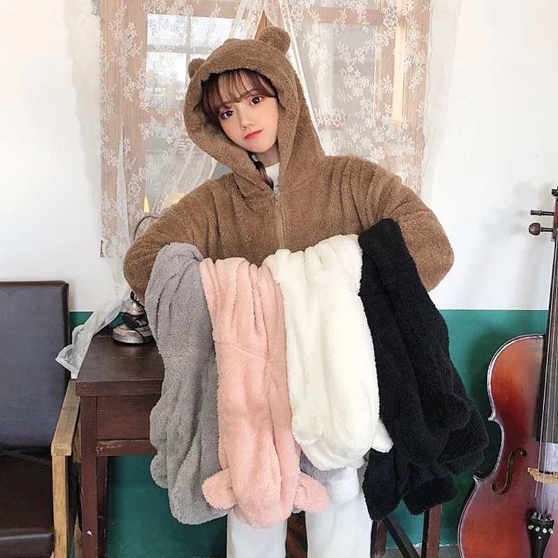 

Kawaii Ears Faux Fur Teddy Coat Women Winter Warm Lolita Cute Plush Hooded Jacket Female Korean White Black Pink Fluffy Overcoat