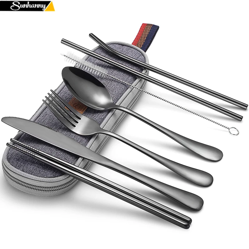 

Dinnerware Set Camping Cutlery Set Travel Silverware Reusable Utensils with Metal Straw Spoon Fork Chopsticks and Portable Case