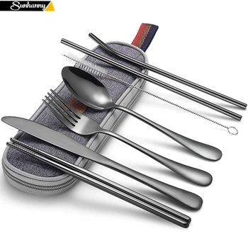 

Dinnerware Set Camping Cutlery Set Travel Silverware Reusable Utensils with Metal Straw Spoon Fork Chopsticks and Portable Case