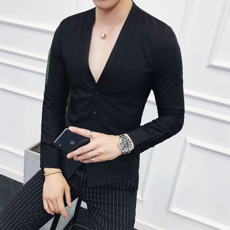 Сексуальная рубашка без воротника с глубоким v-образным вырезом, новинка, осенняя приталенная рубашка с длинным рукавом и v-образным вырезом, плиссированное однотонное платье, рубашка Camisa Masculina, цвет красного вина