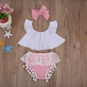 

Cute Clothes Off the shoulder Top + Lace Bloomers with Headband 3pcs Set For Baby Girl Clothes