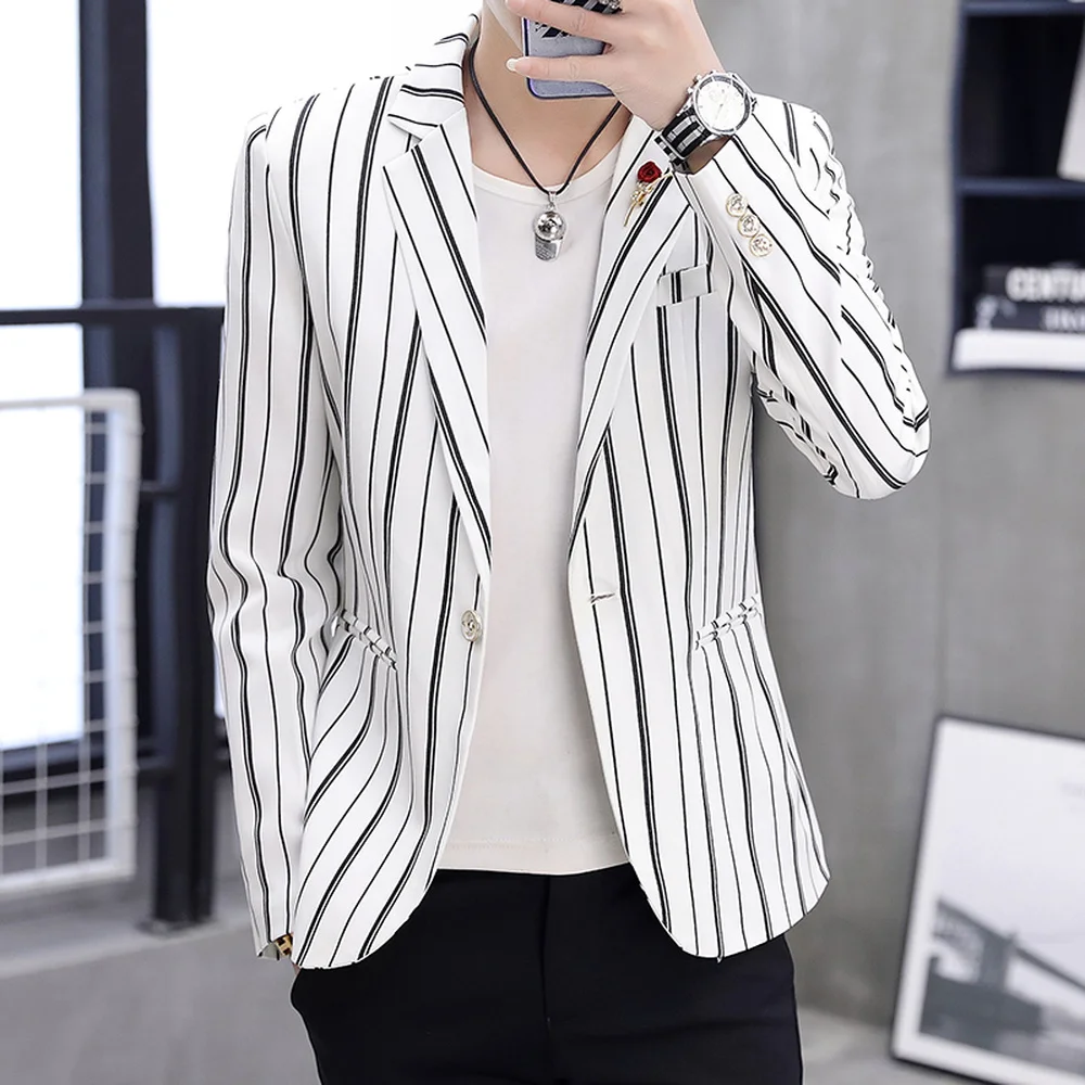 White Blazer Men Striped Blazer Slim Fit Suit Jacket Male Fashion