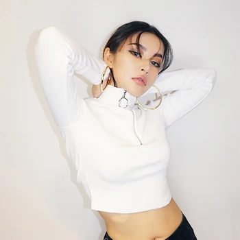 

2019 new fashion women's clothing Autumn retro ring zipper thread T-shirt high waist short section long sleeve bottoming shirt t