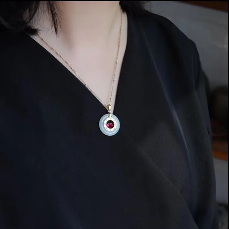 Natural Hetian White Jade Pendant Jewelry 925 Sterling Silver Round Safety Button Lucky Necklace Pendants + Chain For Women Jewe | Украшения