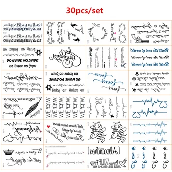 

30pcs/set Fake Tattoo Sticker Classic Black Tatoo Letters Gun Feather Tatouage Hand Body Waterproof Temporary Tattoo Sticker