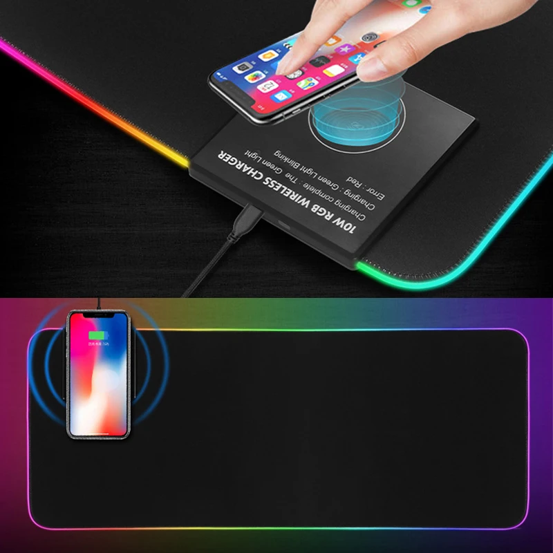 RGB коврик для мыши игровой коврик для мыши Беспроводное зарядное устройство 10 Вт Быстрая зарядка светодиодный большой коврик для мыши XL скоростной геймер USB Компьютерные клавиатуры