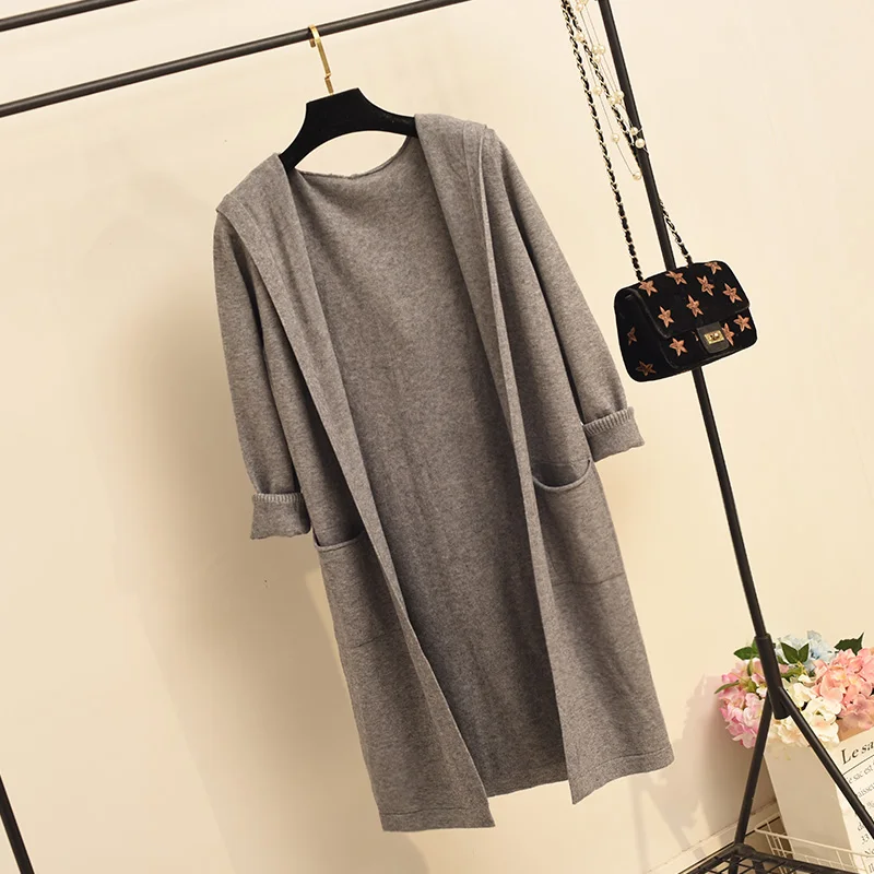 Neploem Autumn Winter Hooded Sweater Open Stitch Women Long Knitted Cardigan Long Sleeve Pocket Loose Solid Outerwear 55129