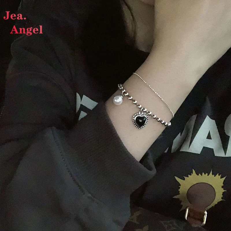 Jea.Angel 925 серебряный жемчуг черный любовь сердце кулон цепочка браслет милая Мода