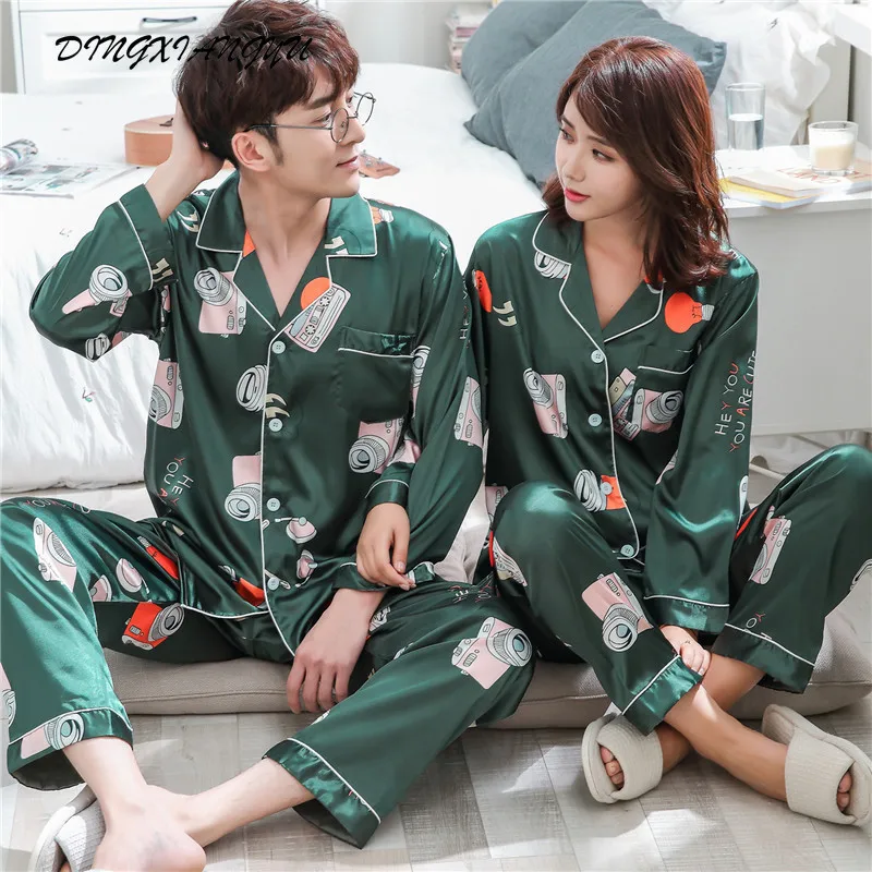 

Autumn and winter couple silk viscose fiber pajamas female flamingo long-sleeved casual loose youth home pajamas 2-piece set