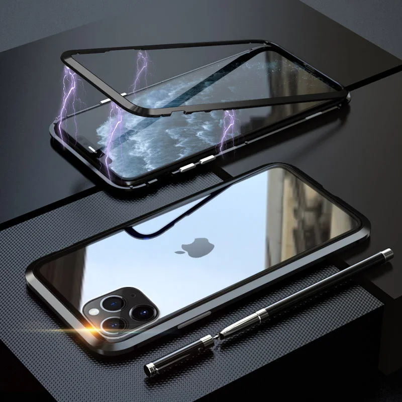 Чехол из закаленного стекла+ Защитная пленка для экрана для iPhone 11 Pro Max чехол s стеклянная пленка с магнитной защитой из алюминиевого сплава - Цвет: Черный