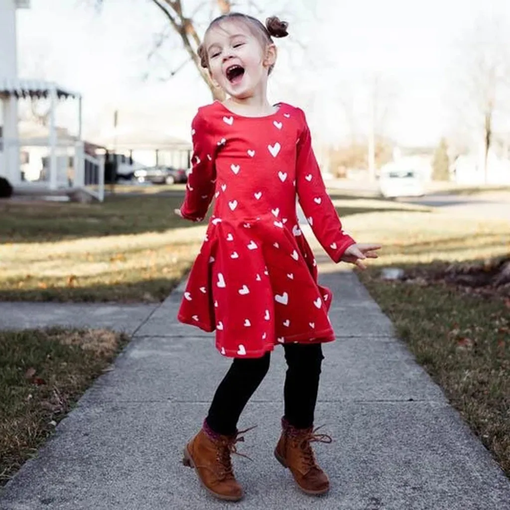 Heart Print Kids Girls Dress Valentine Day Outfit Baby Clothes Long Sleeve Children Dresses For Party Red | Детская одежда и обувь