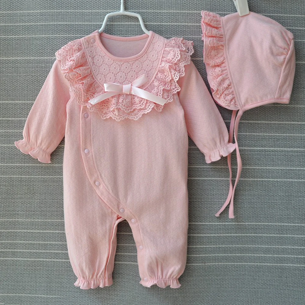Lace Baby Clothing Spring Autumn Winter Female Baby Newborn Style Jumpsuit 0-3 Months Cotton Romper+Hat 2Pcs Spring Wear Clothes