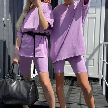 

2020 Casual Loose Solid Outfits Women's Two Piece Suit Belt Tunic Home Biker Sports Set Tracksuits Fashion Leisure Ladies Suits