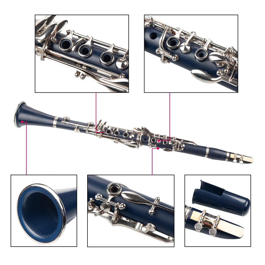 Dark Blue ABS Clarinet Bb Cupronickel Plated Nickel 17 Key with Cleaning Cloth Gloves Screwdriver Woodwind Instrument