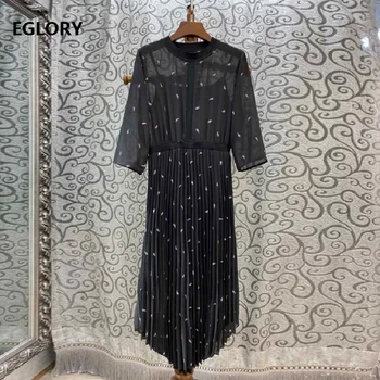 

2019 Autumn Fashion Dress High Quality Women Pink Embroidery 3/4 Sleeve Mid-Calf Length Pleated Dress Ladies Asymmetrical Dress