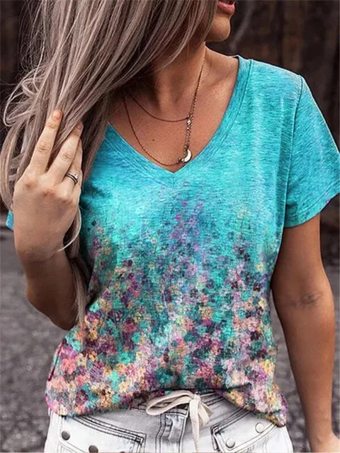 Summer Casual Tee Short Sleeve Women T Shirts Flower Print Street Tops Female V Neck Loose