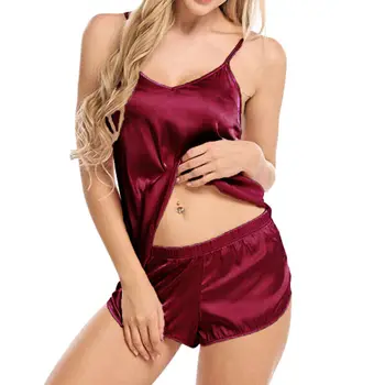 

2020 Fashion Lady Sexy Lace Sleepwear Pajama Sets Silk Satin Lingerie Female Casual Cami Sleeveless Tops Shorts Solid Nightwear