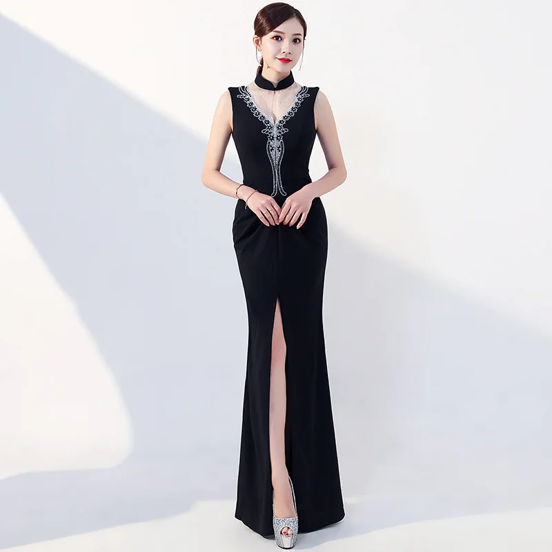 

2019 Mermaid Split Evening Dress Qipao Black Femme Perspective Sexy Cheongsam Modern Party Dresses Qi Pao Women Chinese Robe