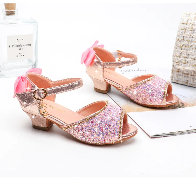 New Summer Rhinestone High Heels Girls Shoes Children Princess Glitter Fashion Student Crystal  Sandals Kids Non-slip 041