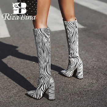 

RIZABINA New Women Knee Boots Fashion Zebra Print Thick High Heels Shoes Women Stylish Pointed Toe Lady Long Boots Size 36-43
