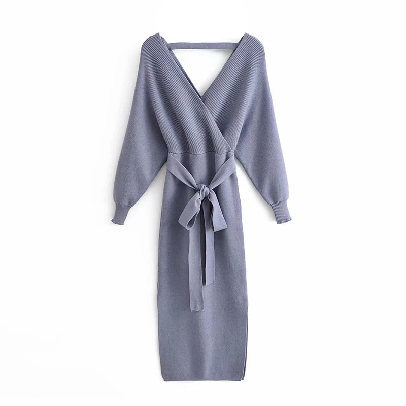 Casual Sexy Sweater Long Dress Women Elegant Batwing Long Sleeve Sashes Party Dress Side Split Backless Solid Dresses Vestidos
