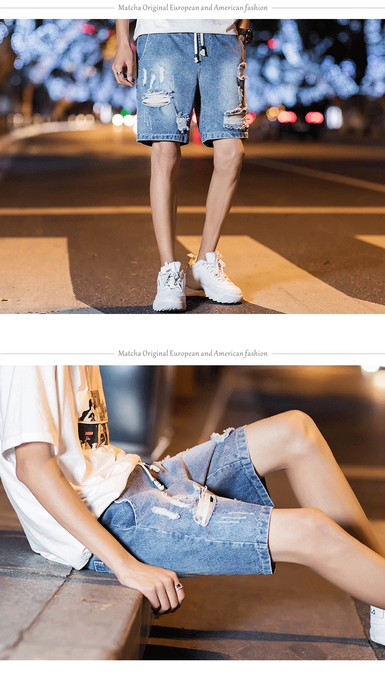 Men Cotton High Quality Elastic Waist Denim Shorts Summer Hole Large Size Denim Shorts Men Loose Fashion Casual Shorts