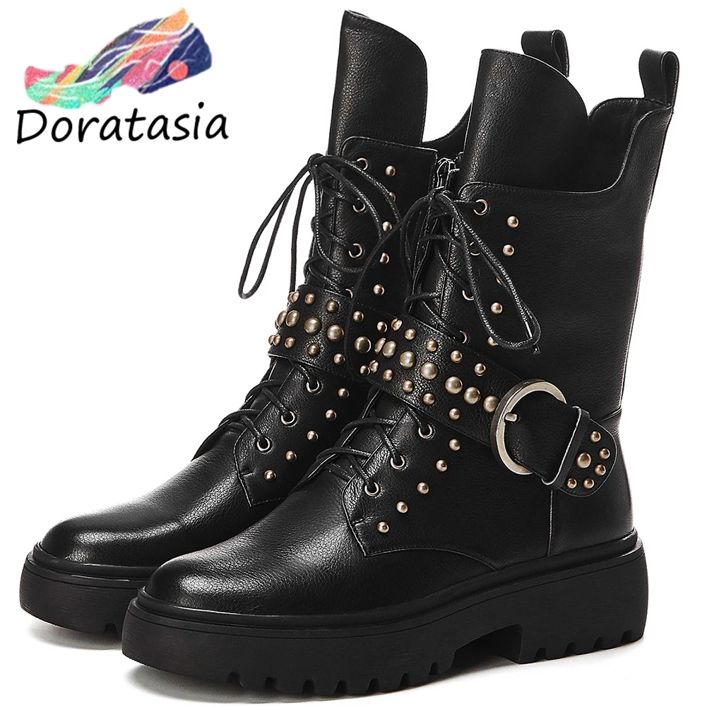 

DORATASIA new luxury brand platform booties ladies black genuine leather ankle boots women rivet med heels shoes woman