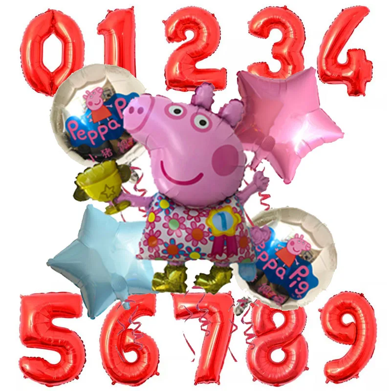 6pcs Cartoon Peppa Pig Foil Balloons 32inch red 0-9 Baby Boy Girl Helium Globos Happy Birthday Party Room Decorations Kids Toys - Цвет: Темно-серый