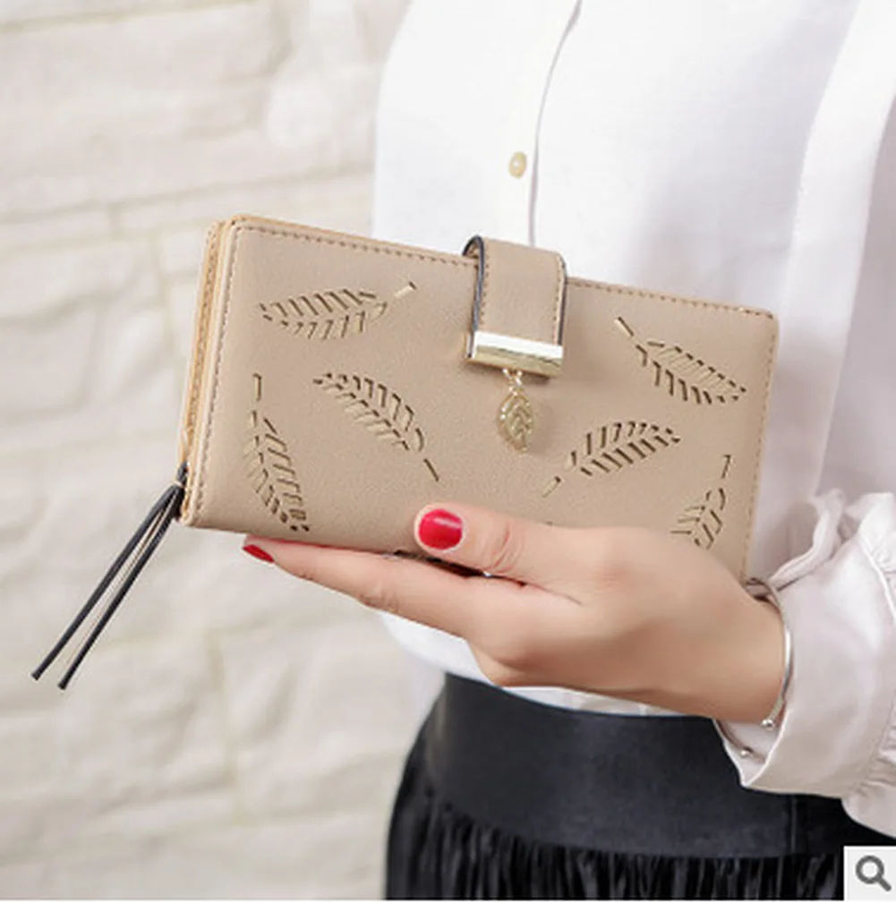 2021 Women Wallet Brand Leaves Hollow Soft PU Leather Women's Clutch Wallet Female Designer Wallets Coin Card Purse
