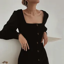 

New Arrival Spring and Autumn Women Solid Color Single Breasted Lantern Sleeve Slim Dress