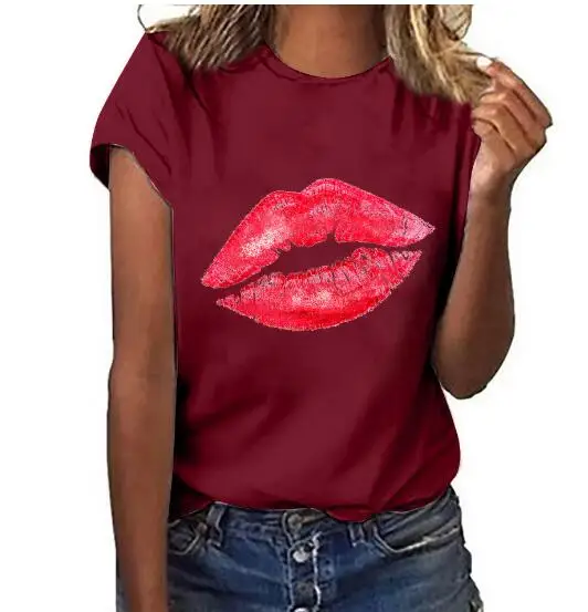 Red Lips Printed Women T-shirts Graphic Short Sleeve Casual Basic T Shirt Harajuku Fashion Tshirt Summer 2022 Black Top F 4