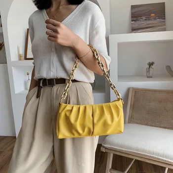 

Pleated Tote Bag For Women 2020 New Designer Chain Handbag Pure Color PU Leather Ladies Fashion Shoulder Handbag Travel Purses