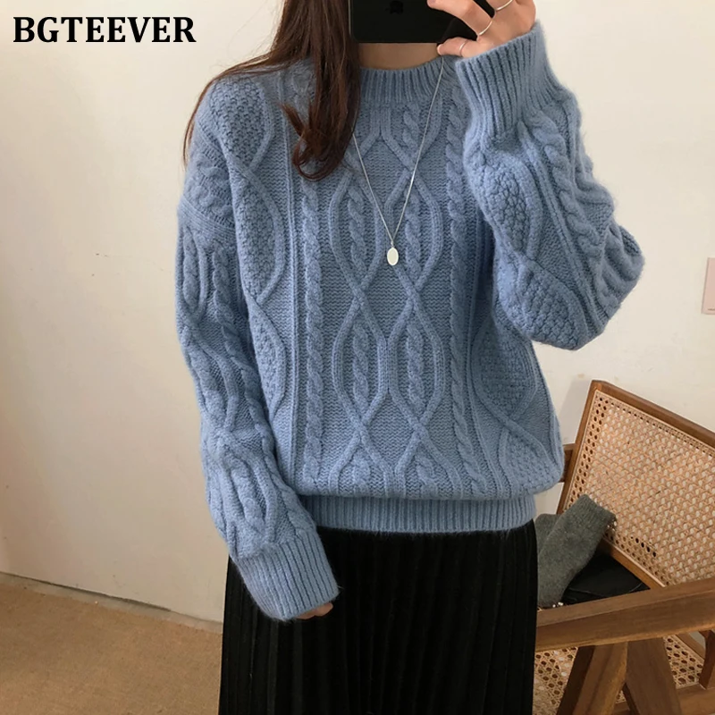 BGTEEVER Vintage Loose Twist O-neck Sweater Women Winter Full Sleeve Female Knitted Jumper Femme Pullover Sweater Knit Tops - Цвет: blue