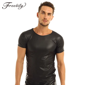 

Faux Leather Short Sleeve T Shirts Men Sexy Fitness Tops Gay Latex T-shirt Undershirt Mens stage Tops Tees Sexy Party Clubwear