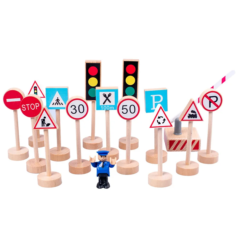 15Pcs Wooden Street Road Traffic Signs Model Block Educational DIY Mini Signpost Traffic Scene Educational Toys Children Toys photo