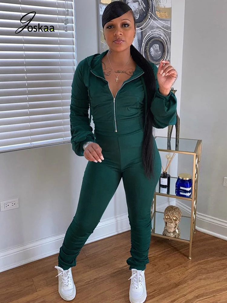 

Joskaa Autumn Two Piece Set Women Pleated Hooded Long Sleeve Solid Zip Up Sweatshirt Leisure Sport Stacked Trousers Tracksuits
