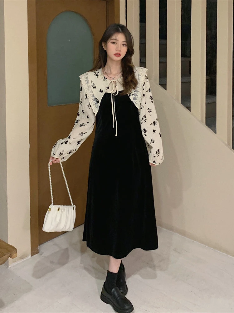 Dresses Women Peter Pan Collar Retro Casual Ladies Fashion Chic French Style Elegant Midi Ulzzang Patchwork Fake 2 Piece Vestido wedding dresses