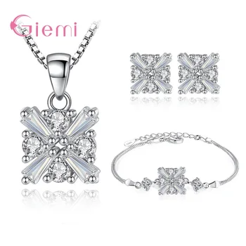

925 Sterling Silver Jewelry Sets Sparkling Cubic Crystal Pendant Box Chain Necklace Stud Earrings Charms Braclet For Women Gifts